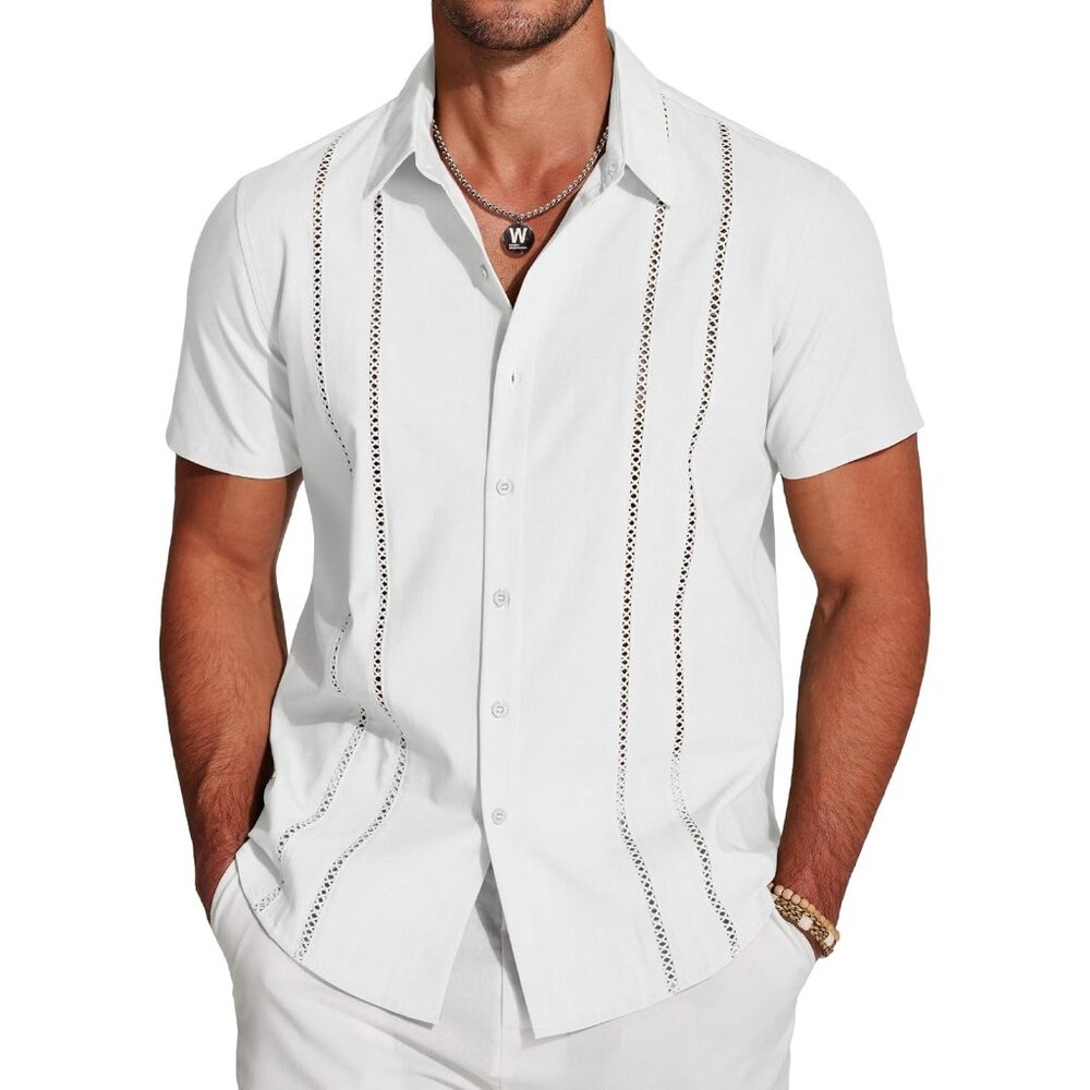 Men's White Short Sleeve Knit Shirt Casual Button Down Shirt Vintage Beach Tops